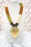 Round Beaded Medium Heart Pendant Necklace in Olive Mix