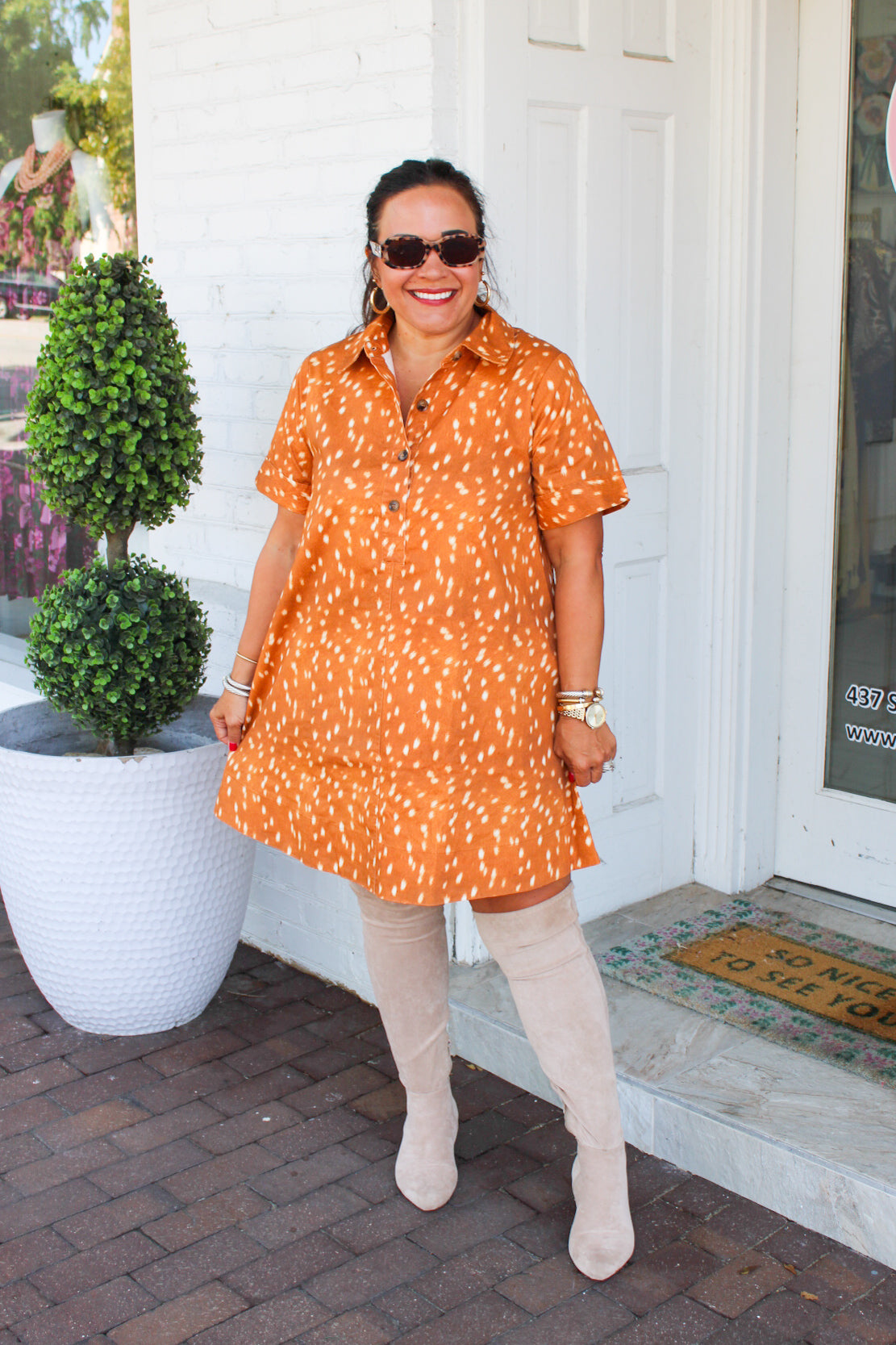 Oh Deer Printed Mini Shift Dress - Camel