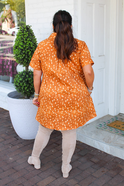 Oh Deer Printed Mini Shift Dress - Camel