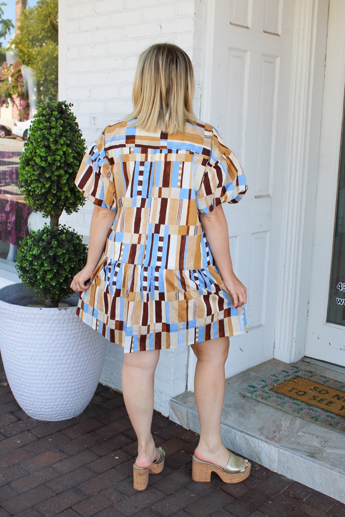 Drawing Attention Puff Sleeve Mini Dress - Brown/Blue Mix