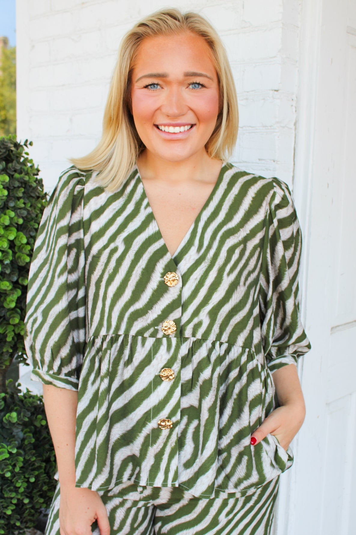 Wild Chase V-Neck Babydoll Top - Olive