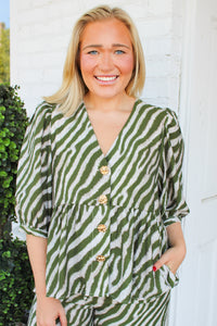 Wild Chase V-Neck Babydoll Top - Olive