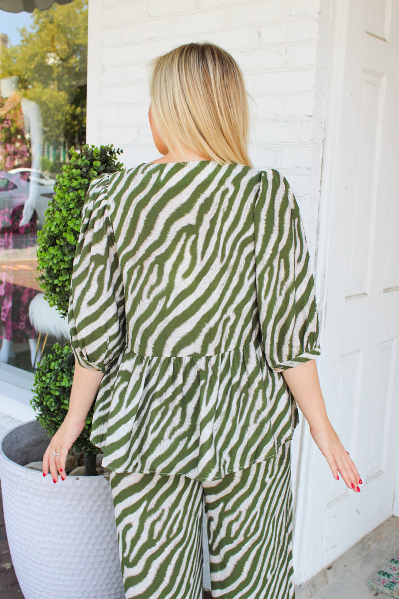 Wild Chase V-Neck Babydoll Top - Olive