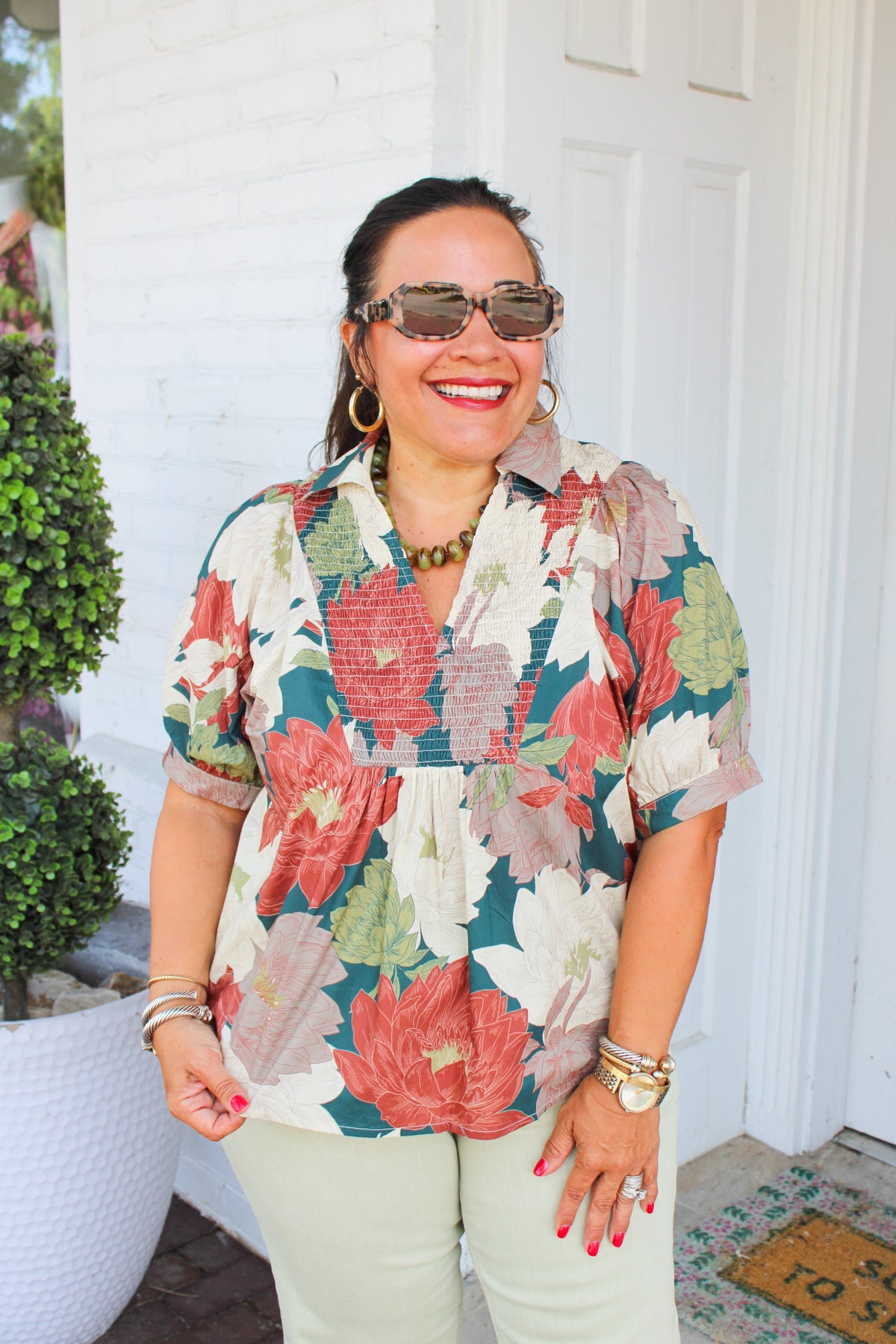 Fall Blooms Short Sleeve Top - Olive Mix