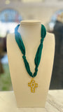 Emerald Scarf Diamond Cross Necklace