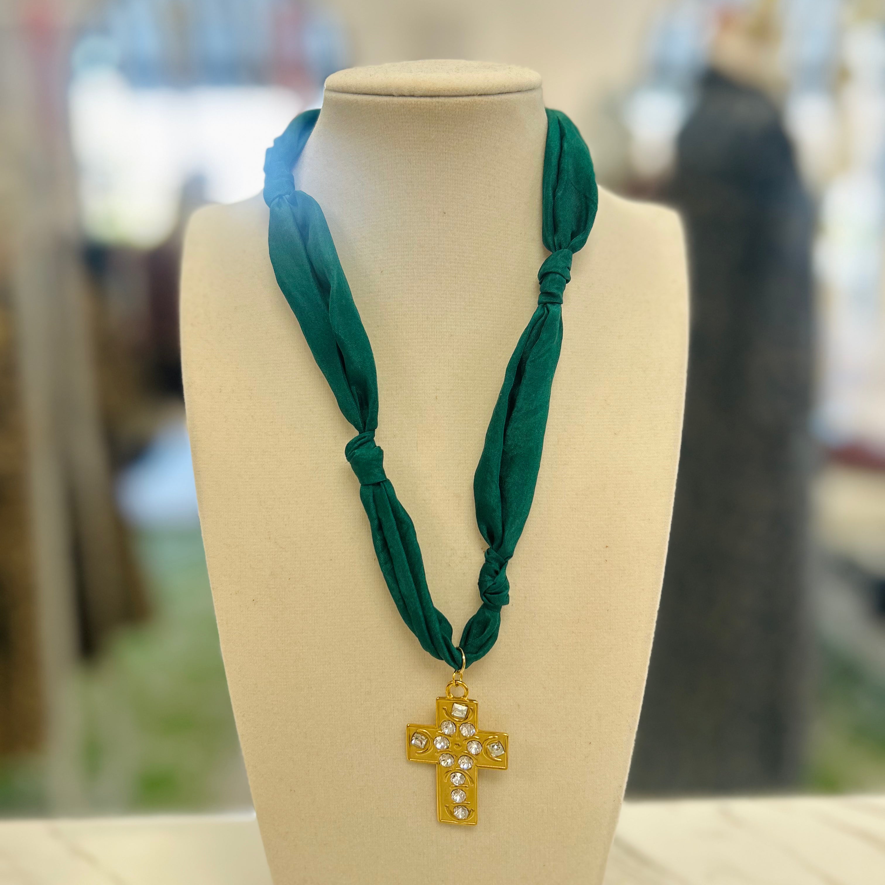 Emerald Scarf Diamond Cross Necklace
