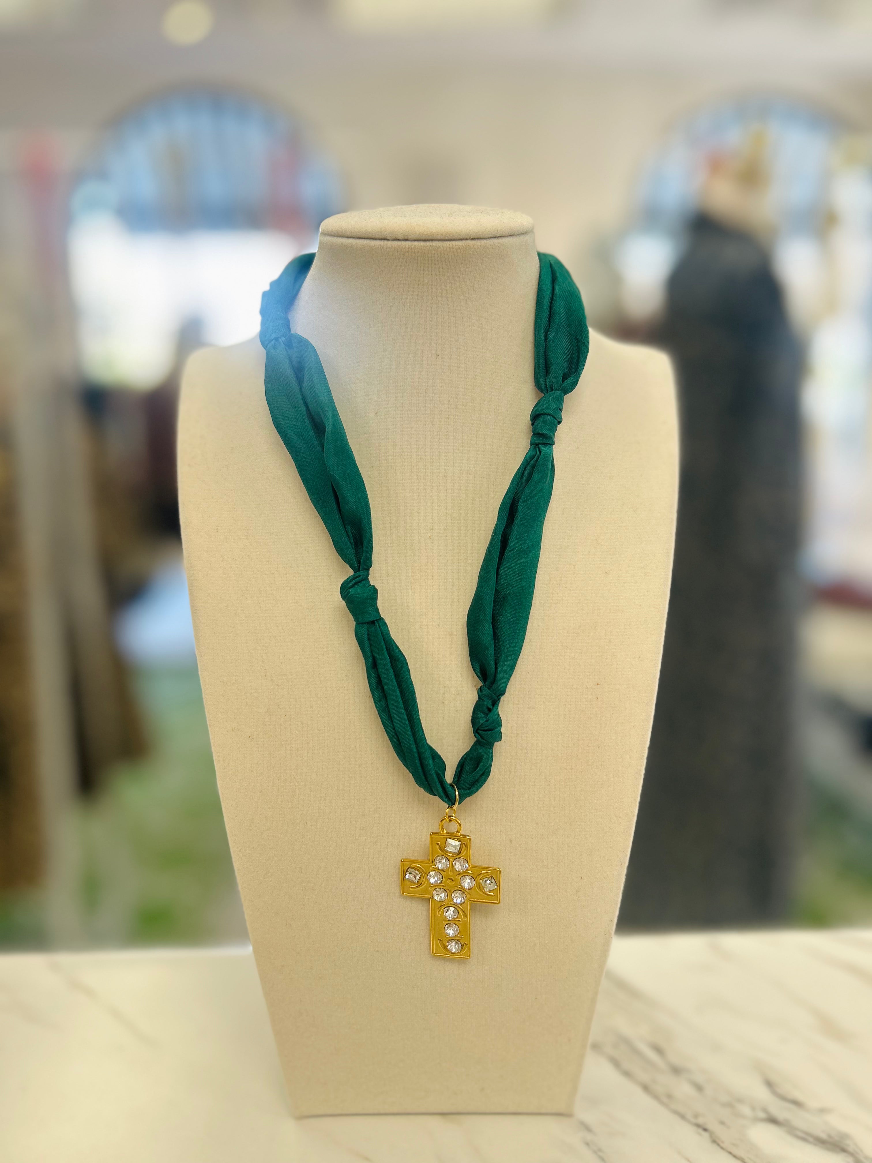 Emerald Scarf Diamond Cross Necklace