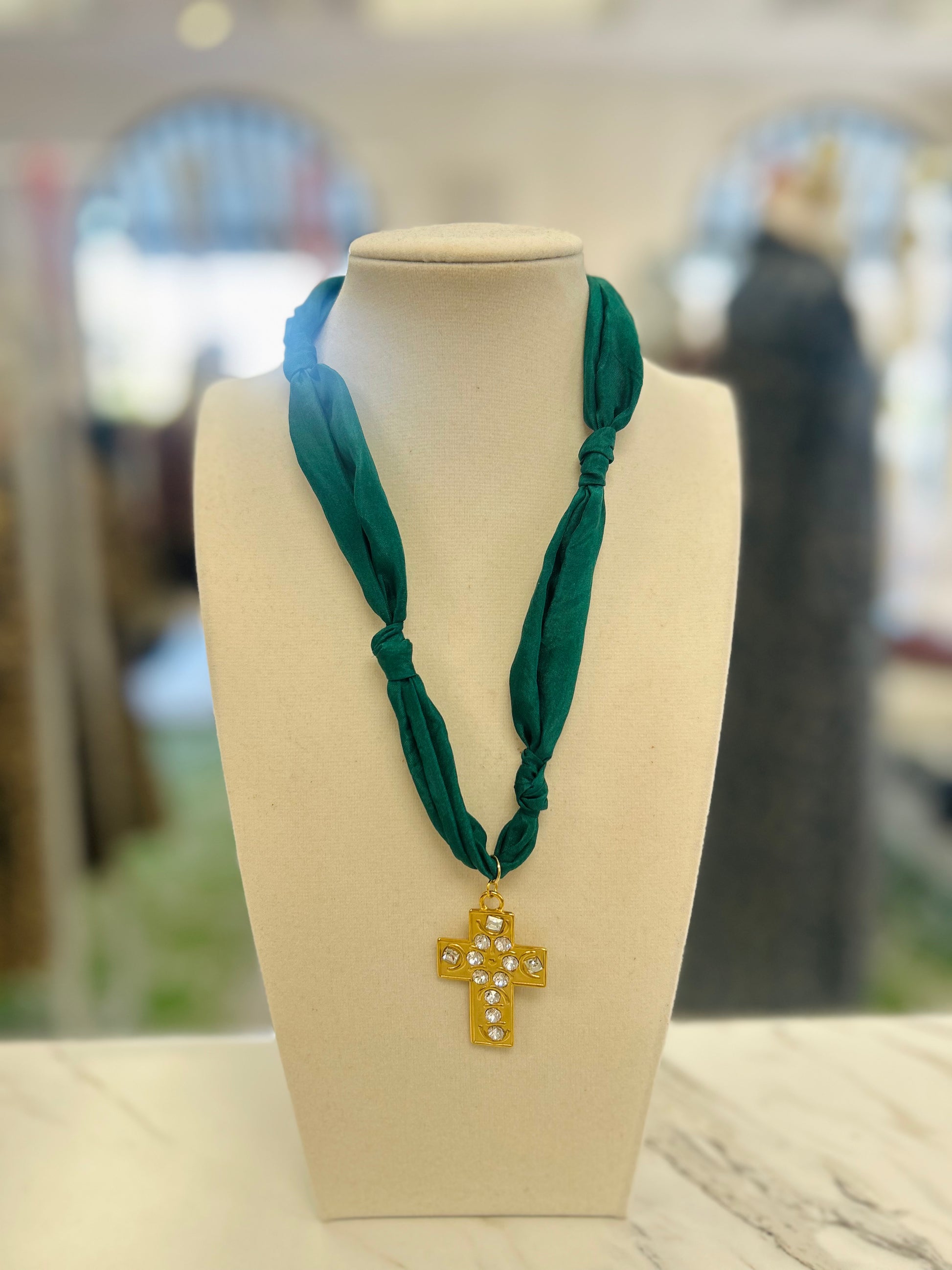 Emerald Scarf Diamond Cross Necklace
