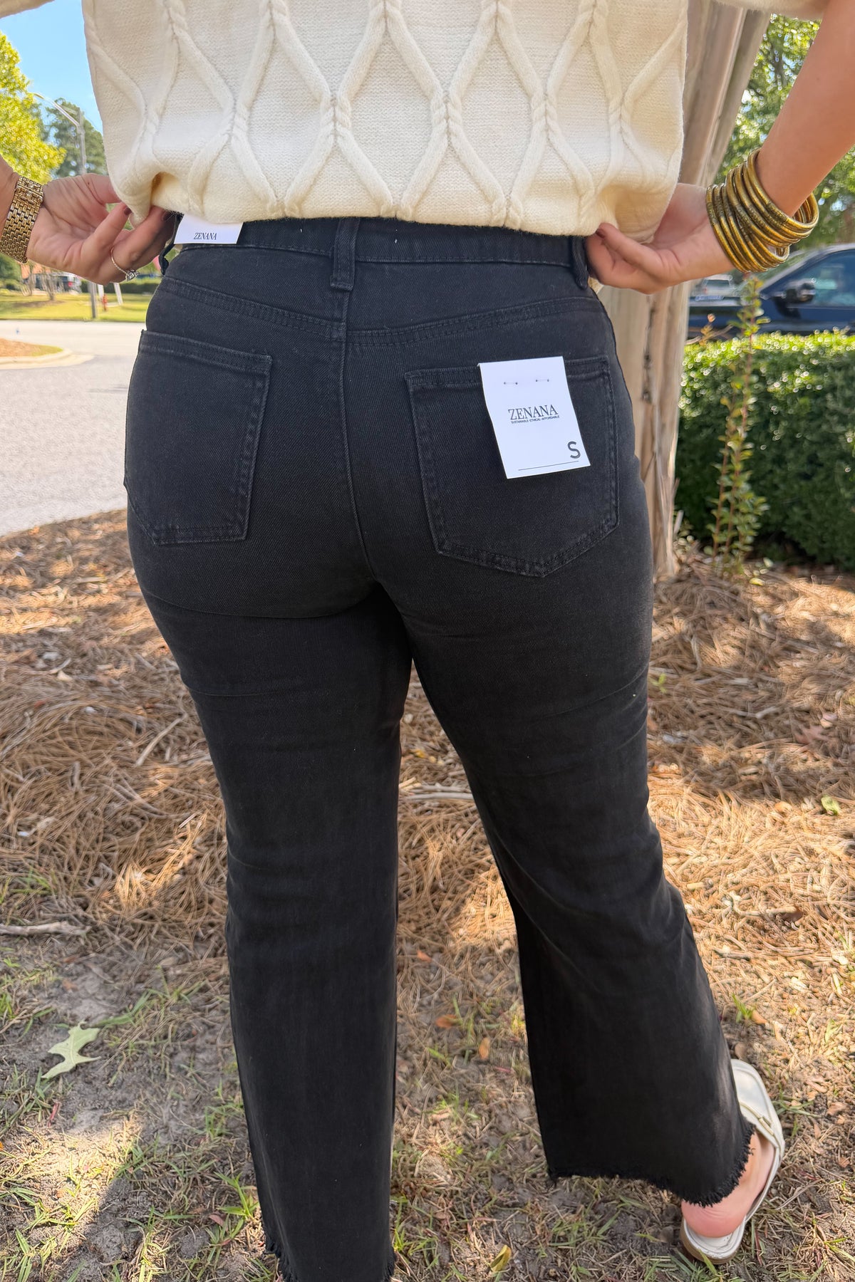 Acid Washed High Waisted Frayed Hem Bootcut Pant in Black