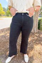 Acid Washed High Waisted Frayed Hem Bootcut Pant in Black