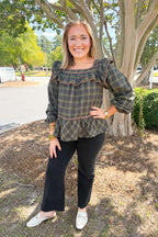 Polly Plaid Ruffle Trim Peplum Top in Olive
