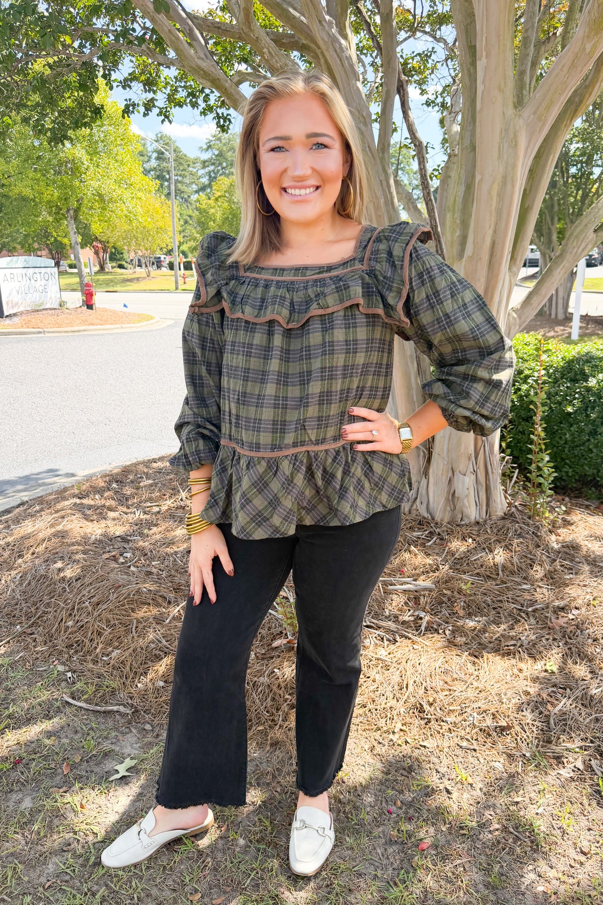Polly Plaid Ruffle Trim Peplum Top in Olive