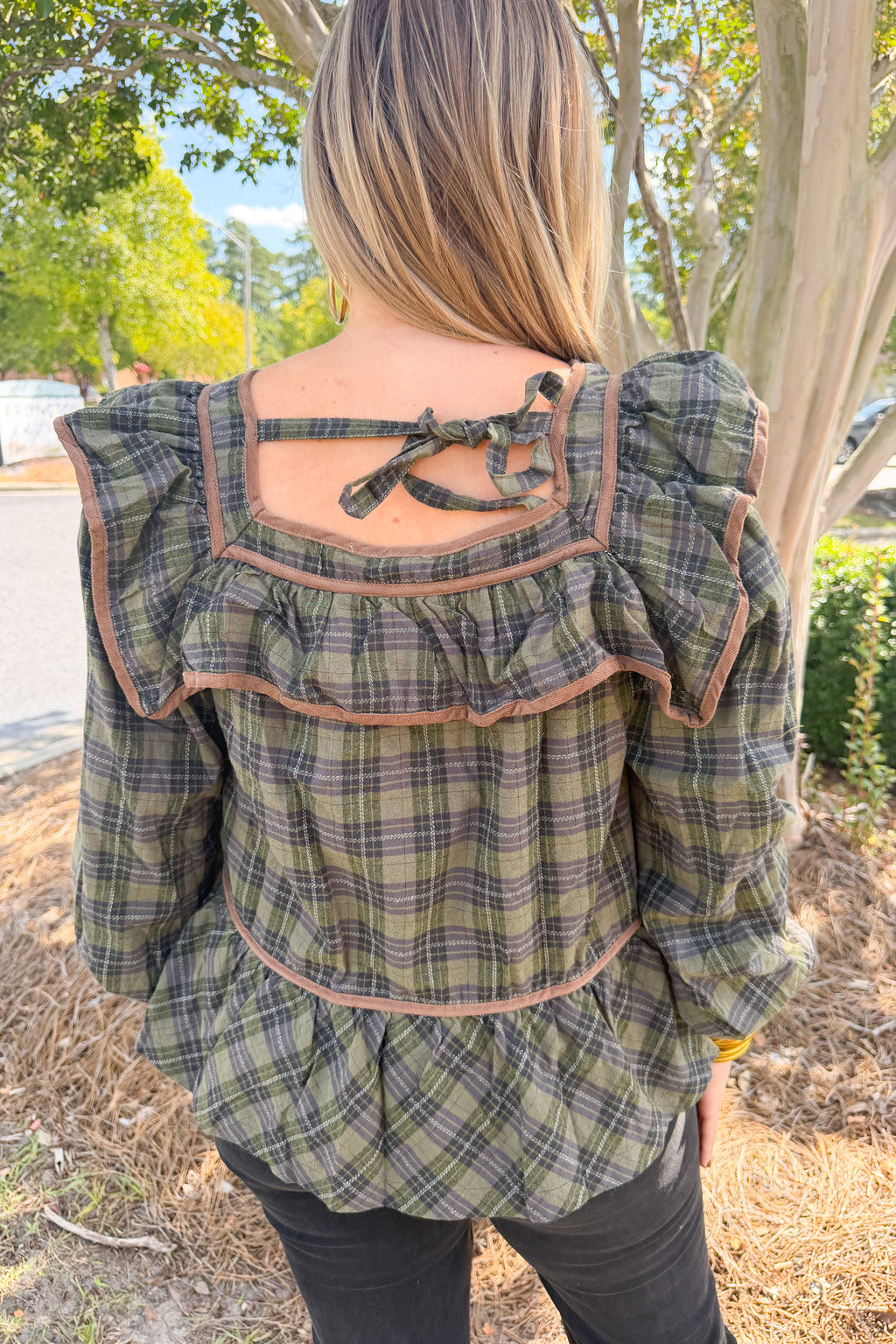 Polly Plaid Ruffle Trim Peplum Top in Olive