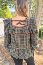 Polly Plaid Ruffle Trim Peplum Top in Olive