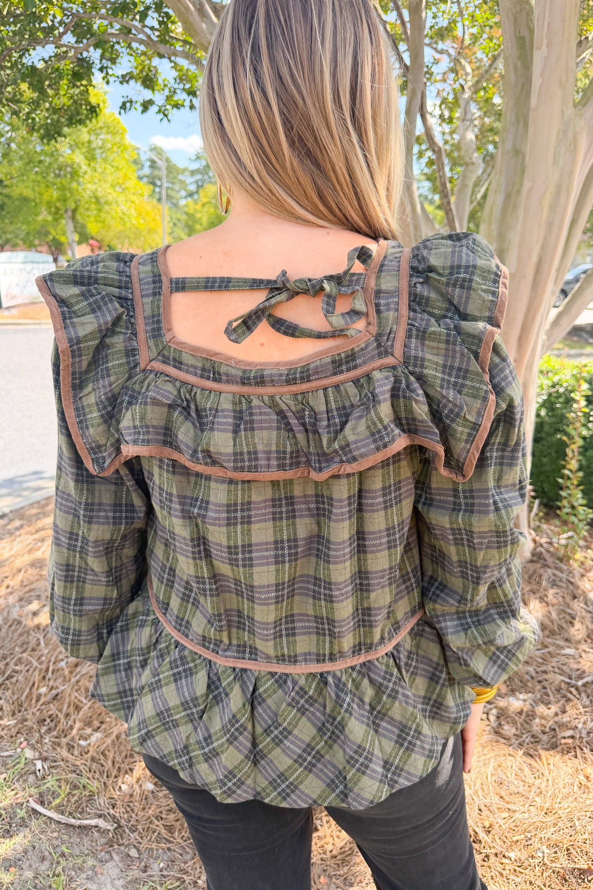 Polly Plaid Ruffle Trim Peplum Top in Olive
