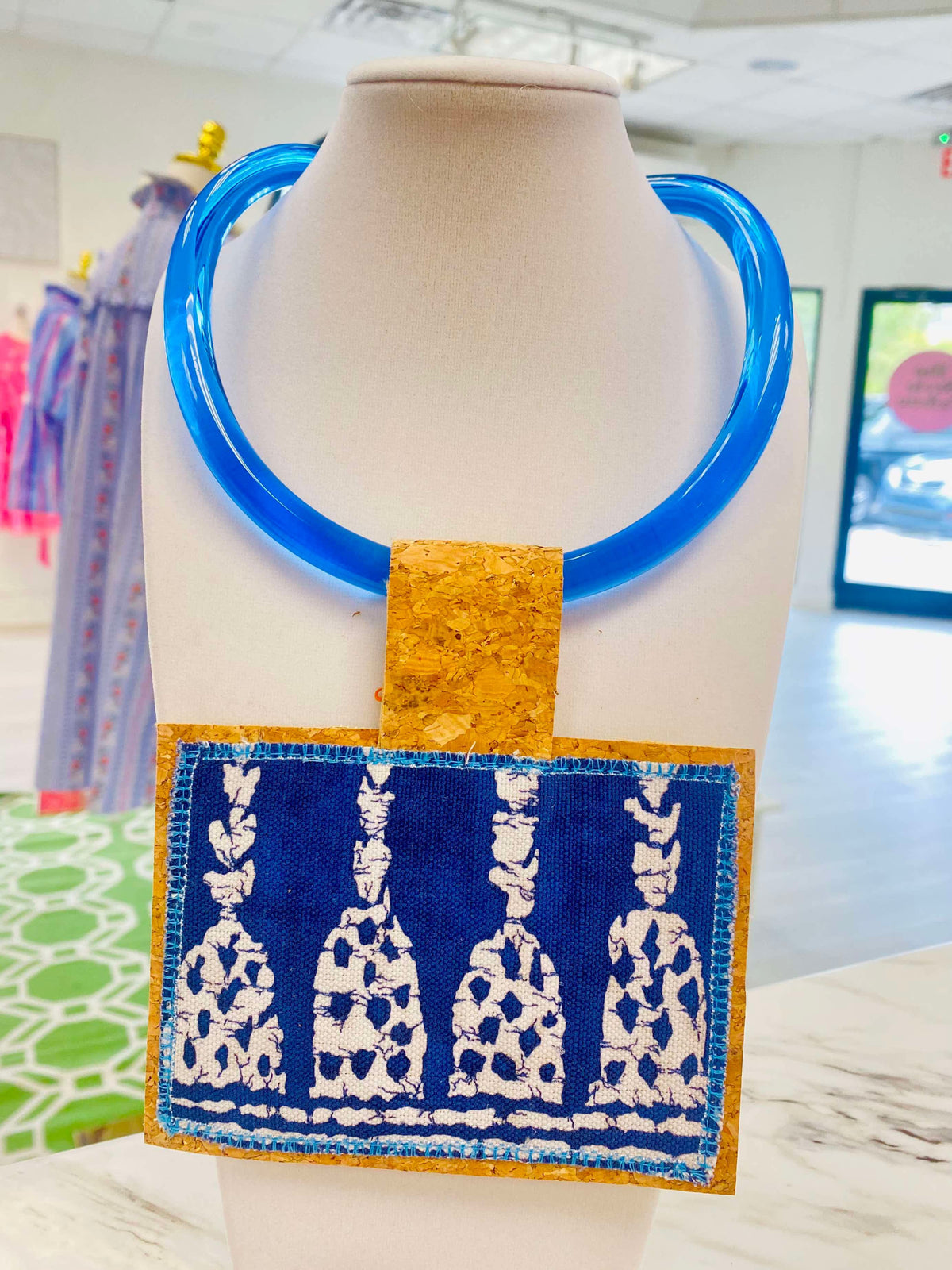 ORIJINAL Blue Acrylic Pendant Necklace - Blue and White Patch