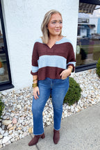 Salty Knit V-Neck Sweater in Brown/Blue