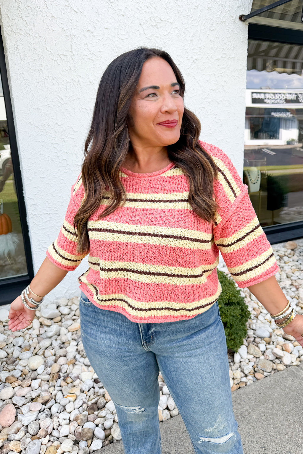 On the Way Quarter Sleeve Striped Knit Sweater in Coral/Yellow