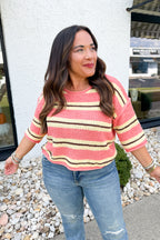 On the Way Quarter Sleeve Striped Knit Sweater in Coral/Yellow