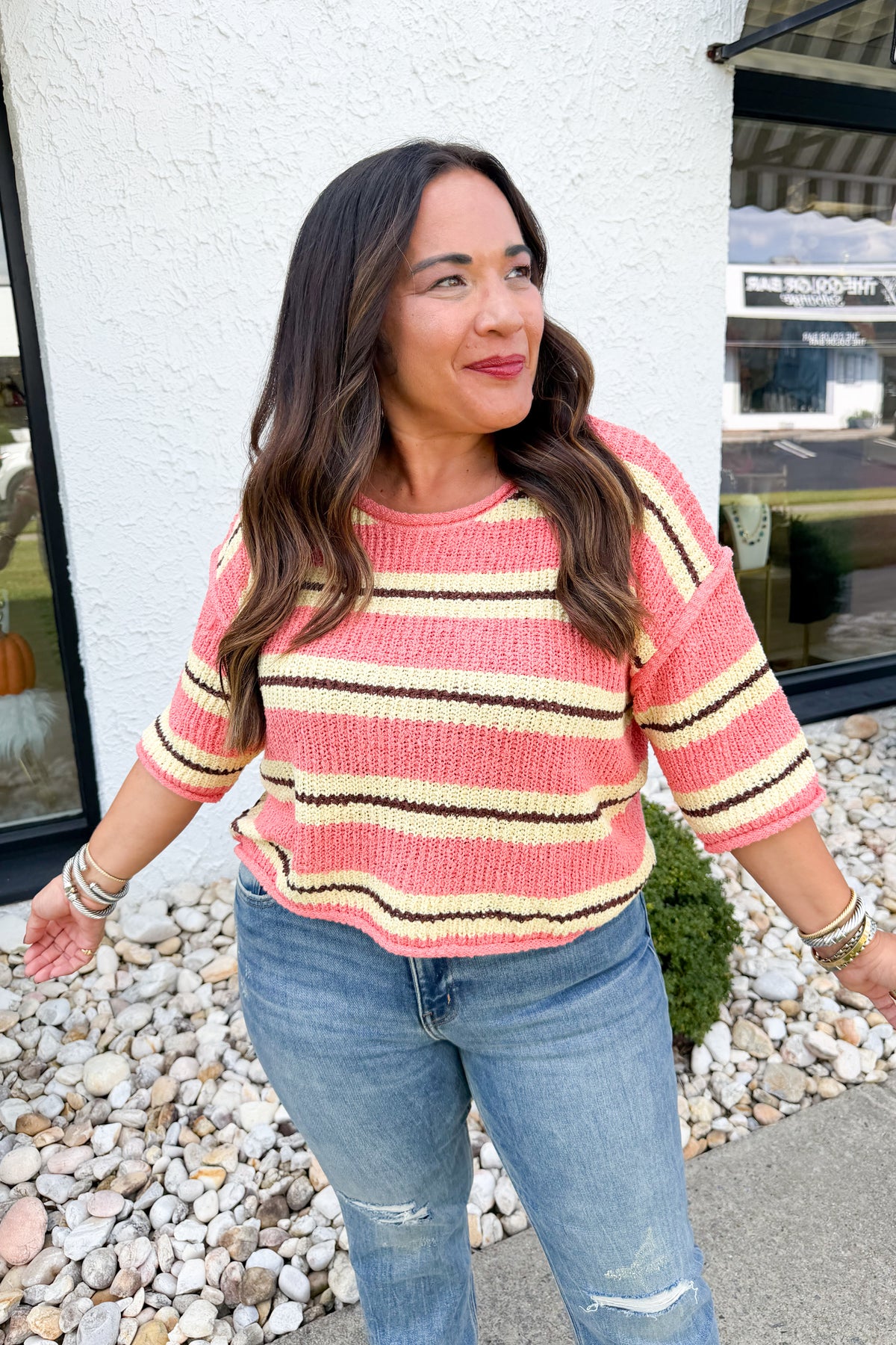 On the Way Quarter Sleeve Striped Knit Sweater in Coral/Yellow