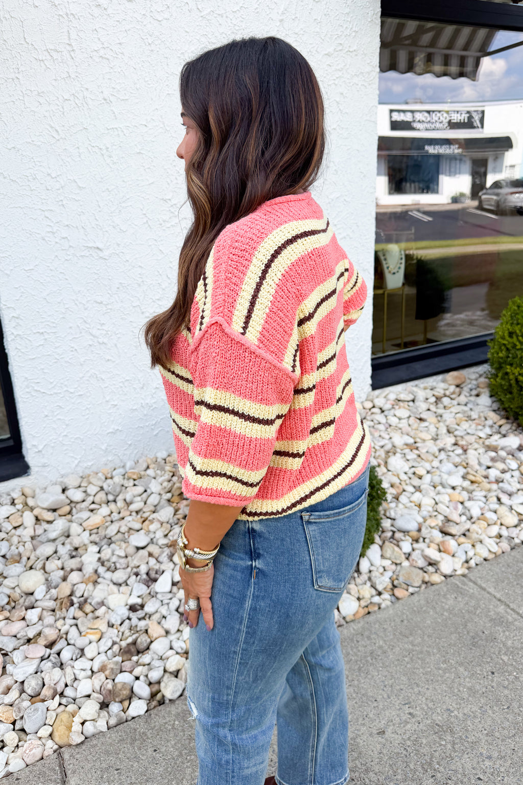 On the Way Quarter Sleeve Striped Knit Sweater in Coral/Yellow