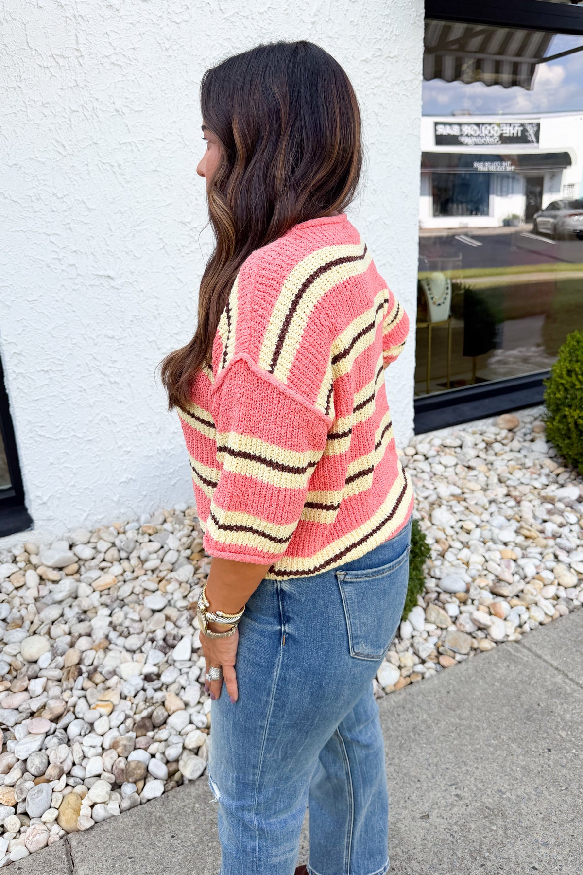 On the Way Quarter Sleeve Striped Knit Sweater in Coral/Yellow