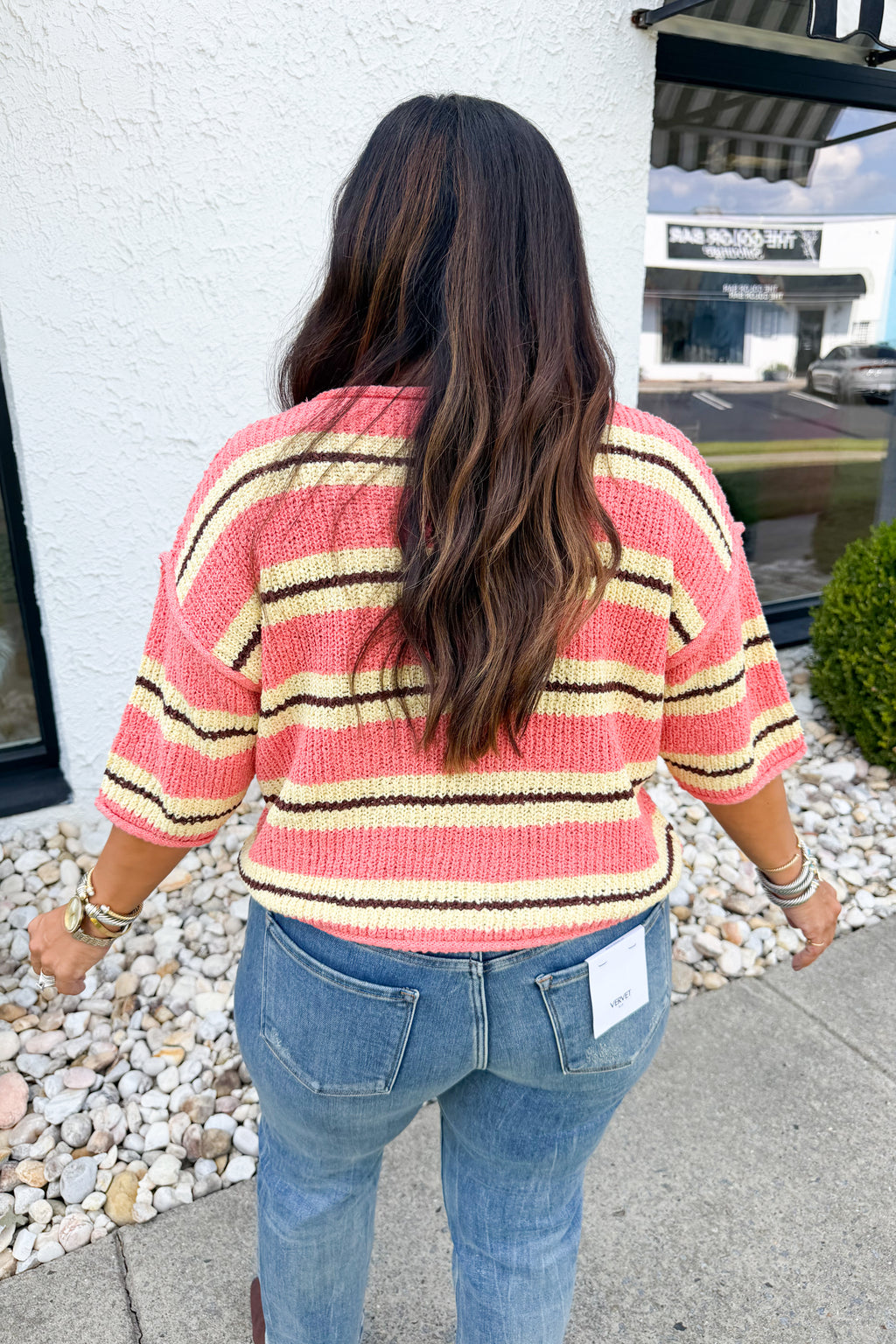 On the Way Quarter Sleeve Striped Knit Sweater in Coral/Yellow