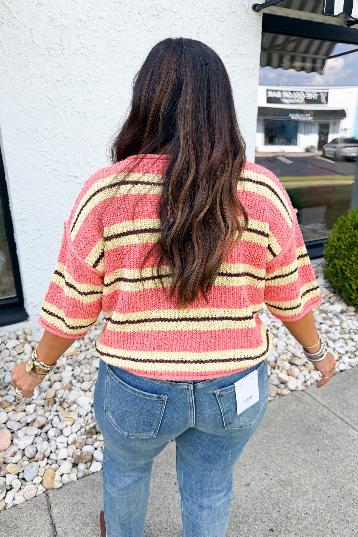 On the Way Quarter Sleeve Striped Knit Sweater in Coral/Yellow