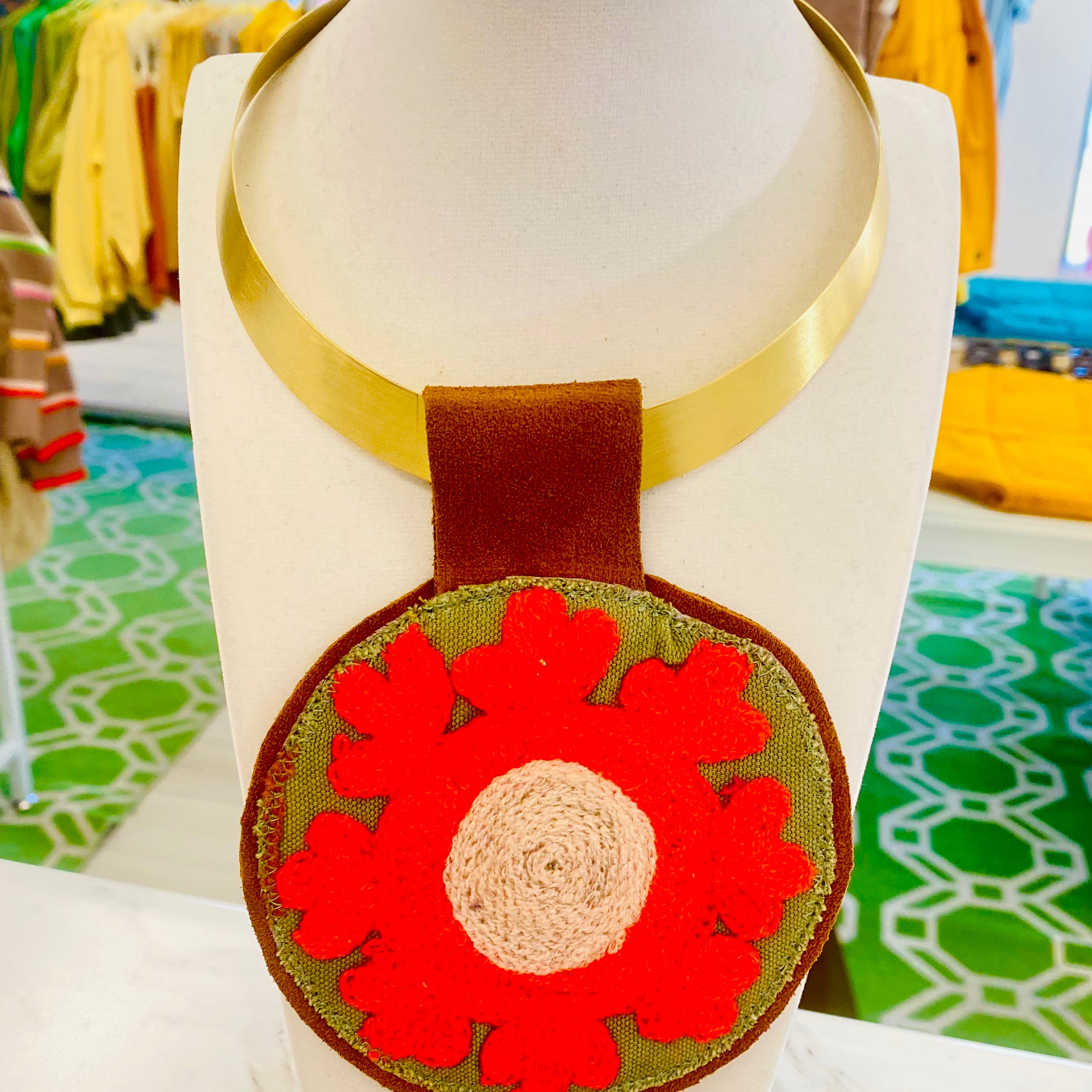 ORIJINAL Brass Pendant Necklace- Sage, Orange, Pink