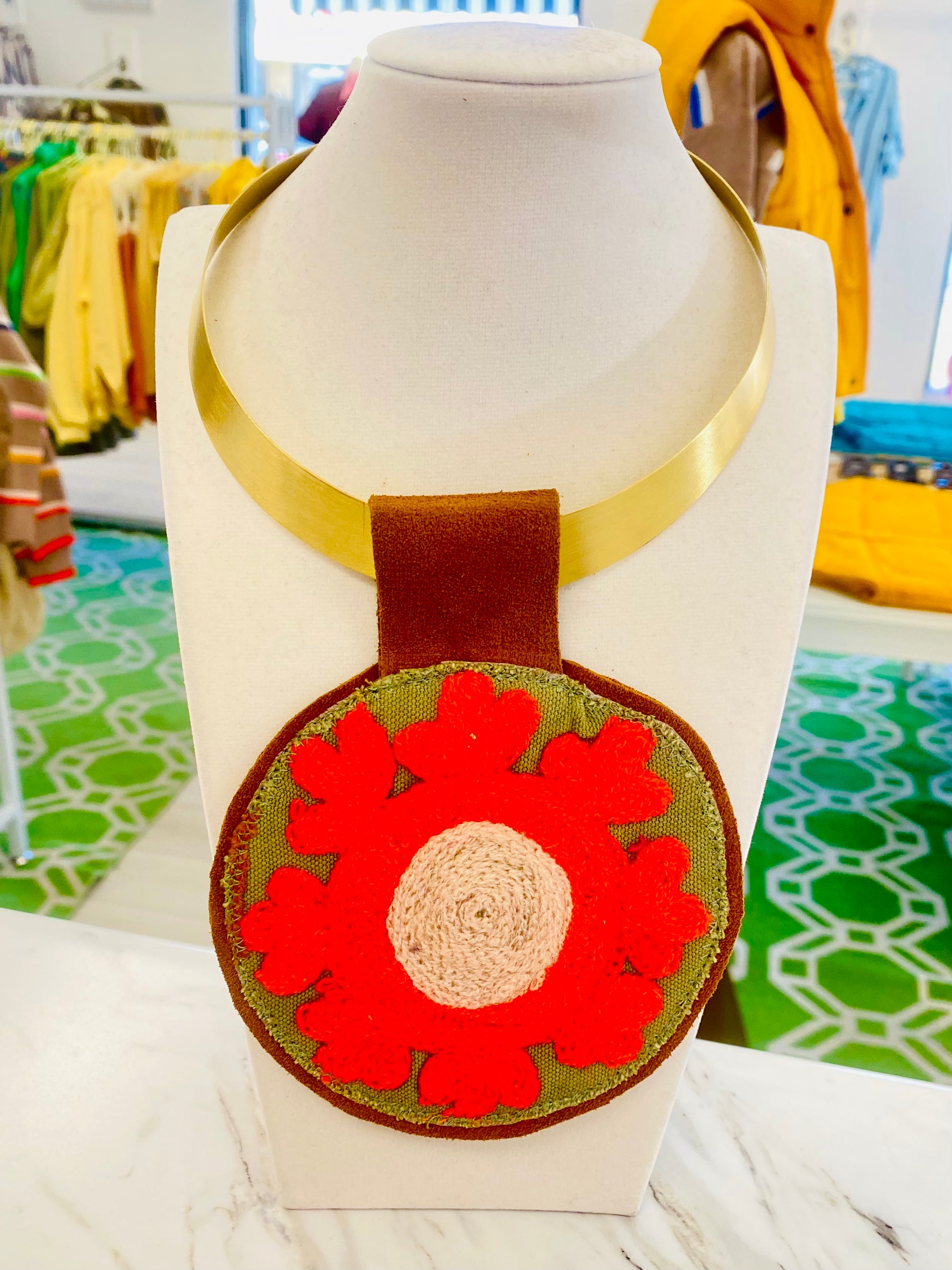 ORIJINAL Brass Pendant Necklace- Sage, Orange, Pink