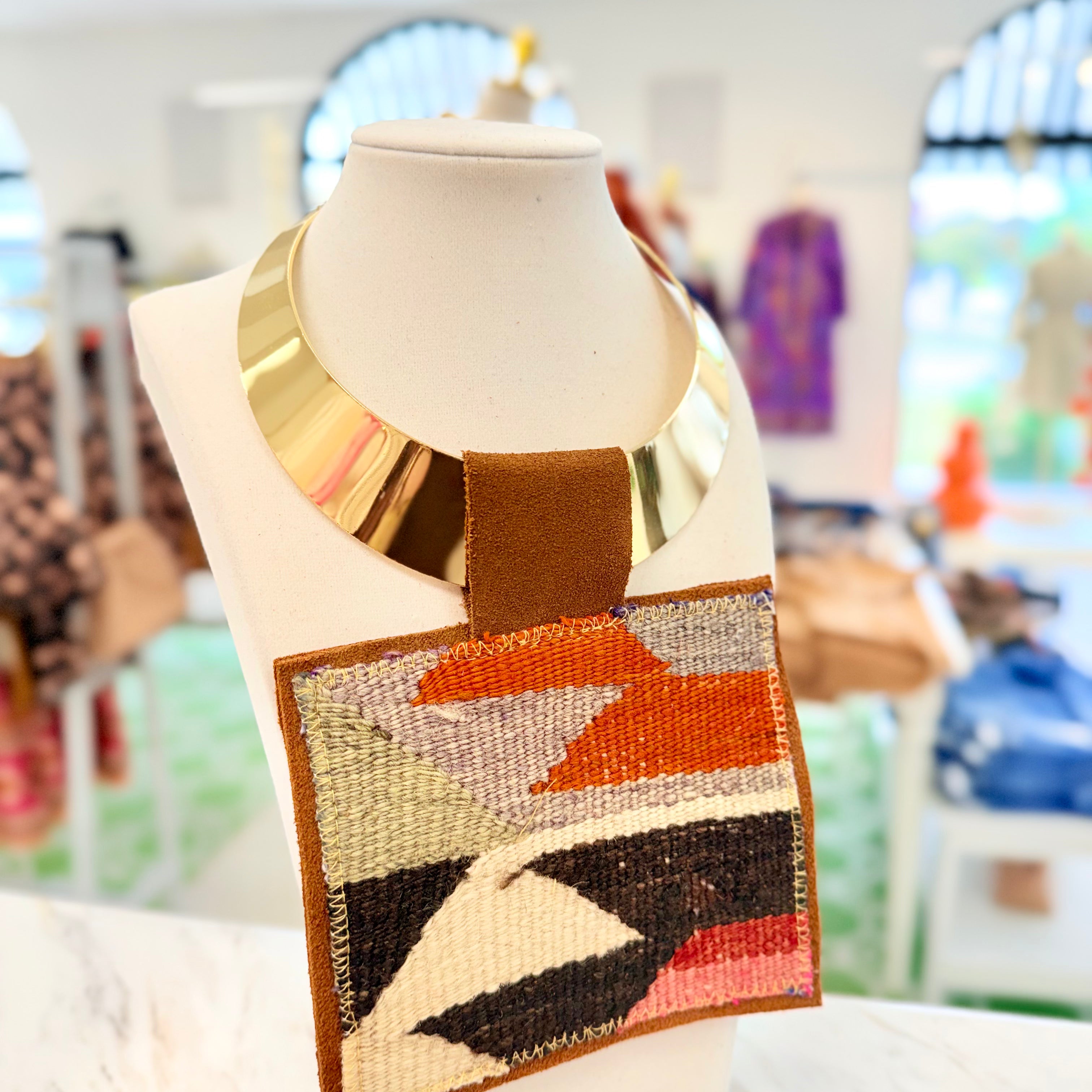 ORIJINAL Brass Pendant Necklace - Orange/Blue/Brown Patch