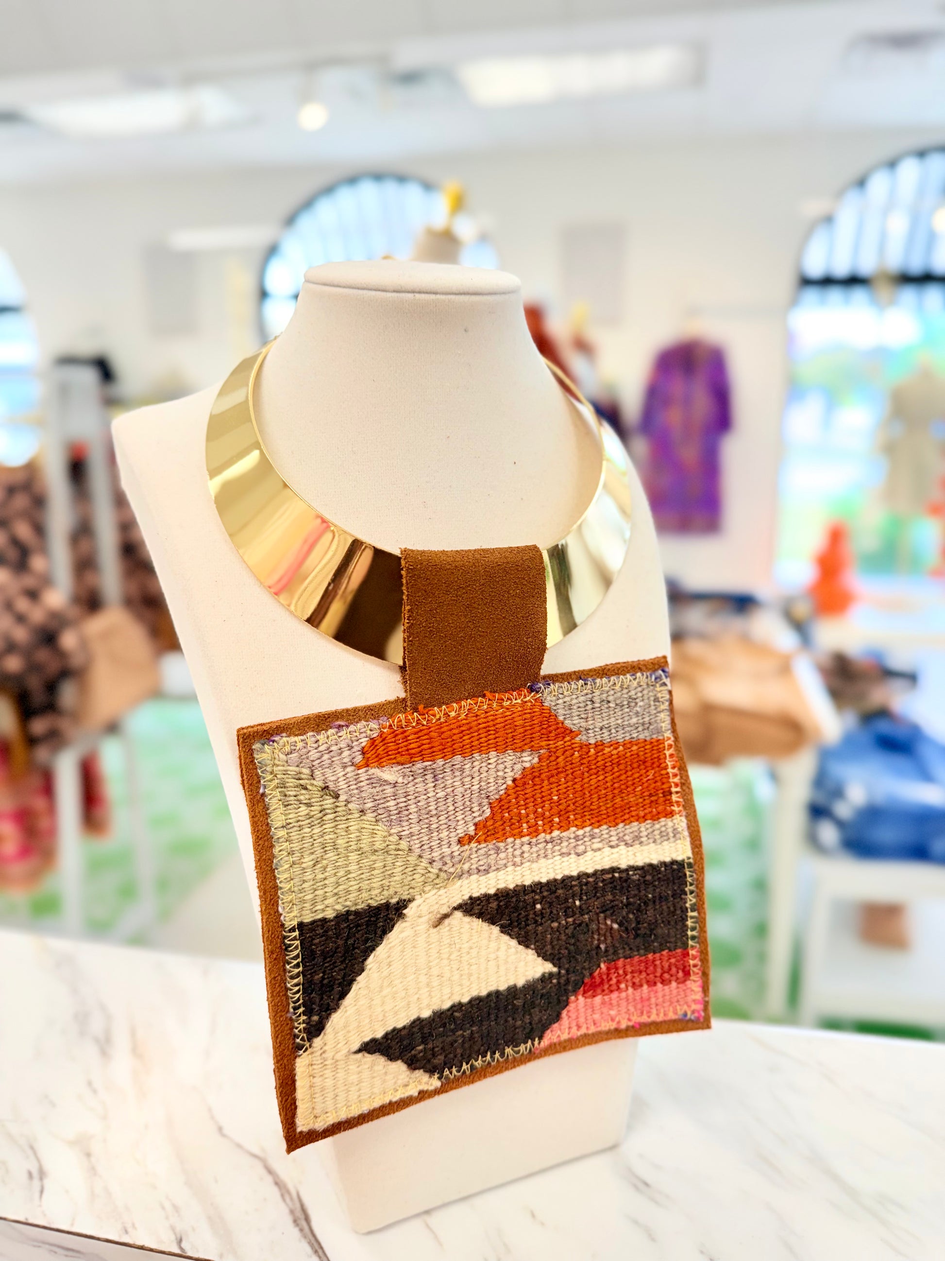 ORIJINAL Brass Pendant Necklace - Orange/Blue/Brown Patch