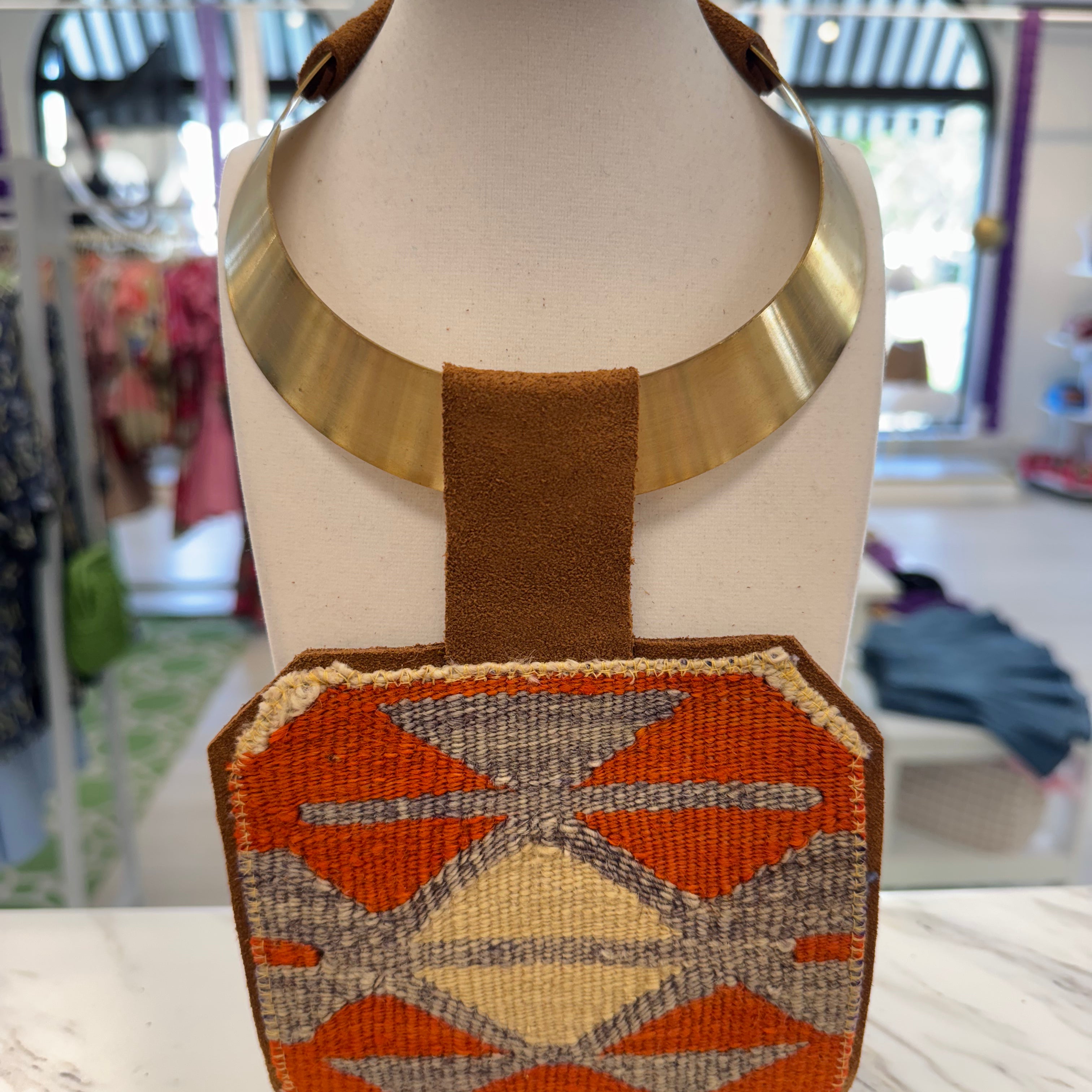 ORIJINAL Brass Pendant Necklace - Orange, Blue, Tan Patch