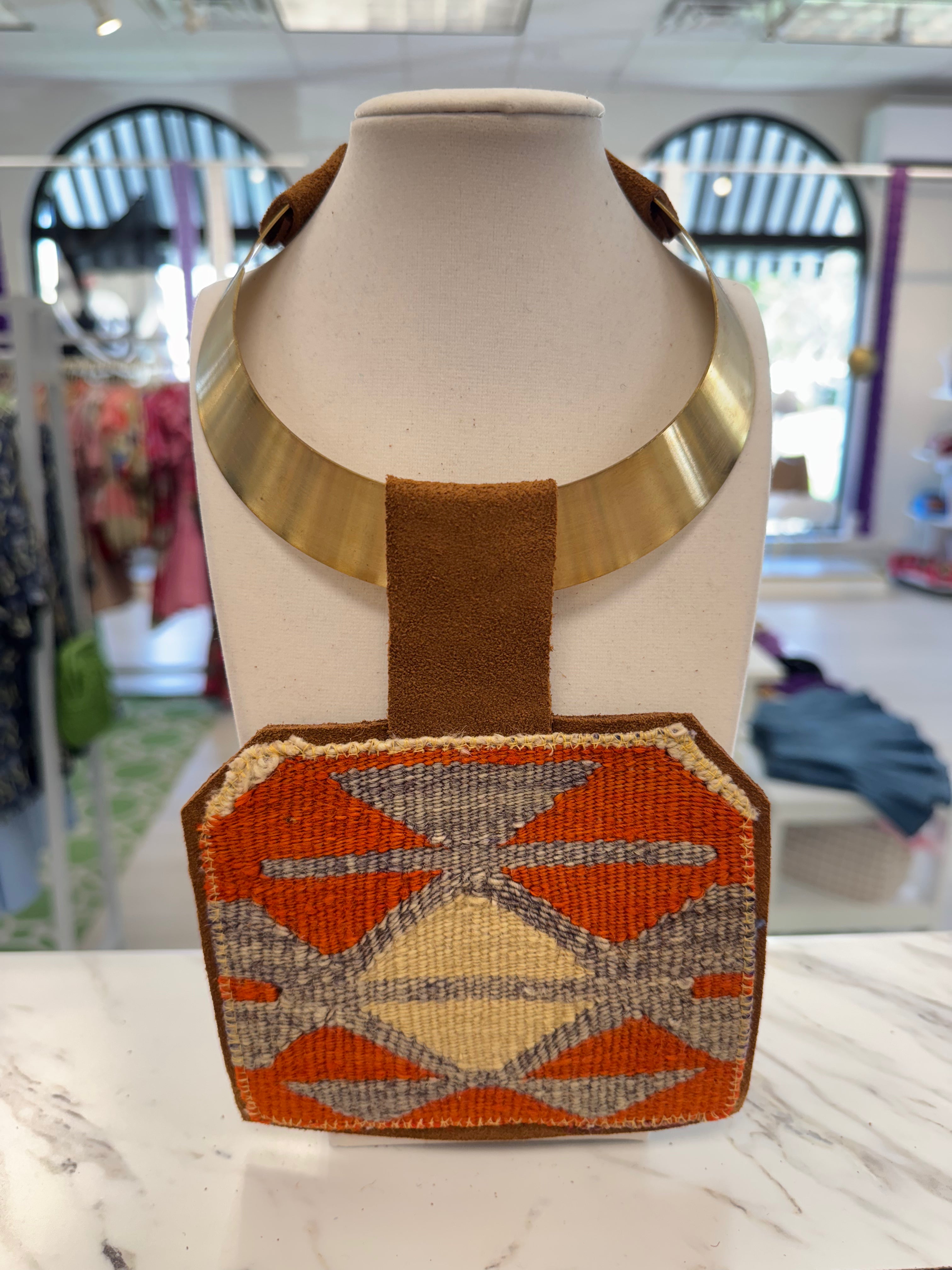 ORIJINAL Brass Pendant Necklace - Orange, Blue, Tan Patch