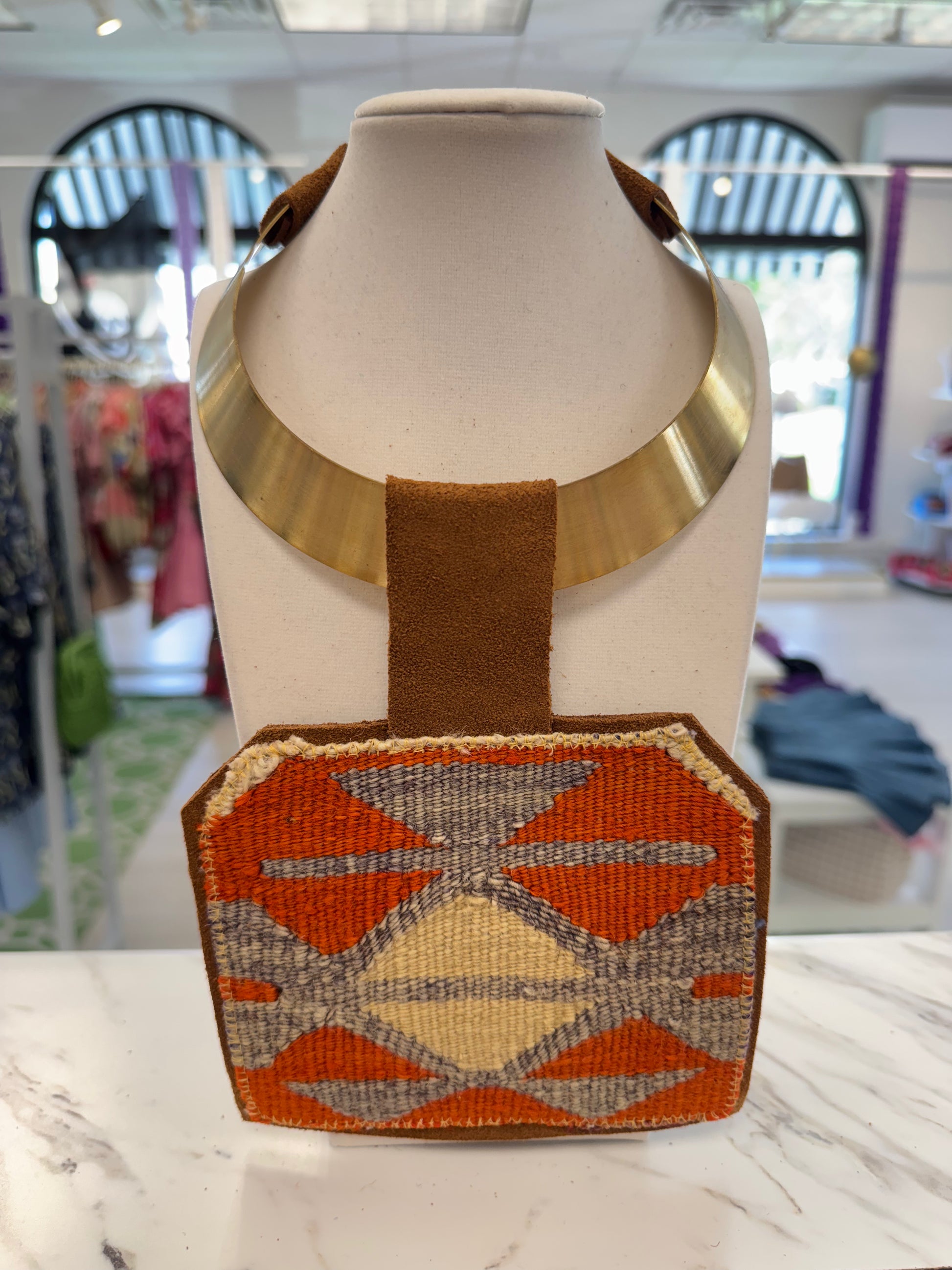 ORIJINAL Brass Pendant Necklace - Orange, Blue, Tan Patch