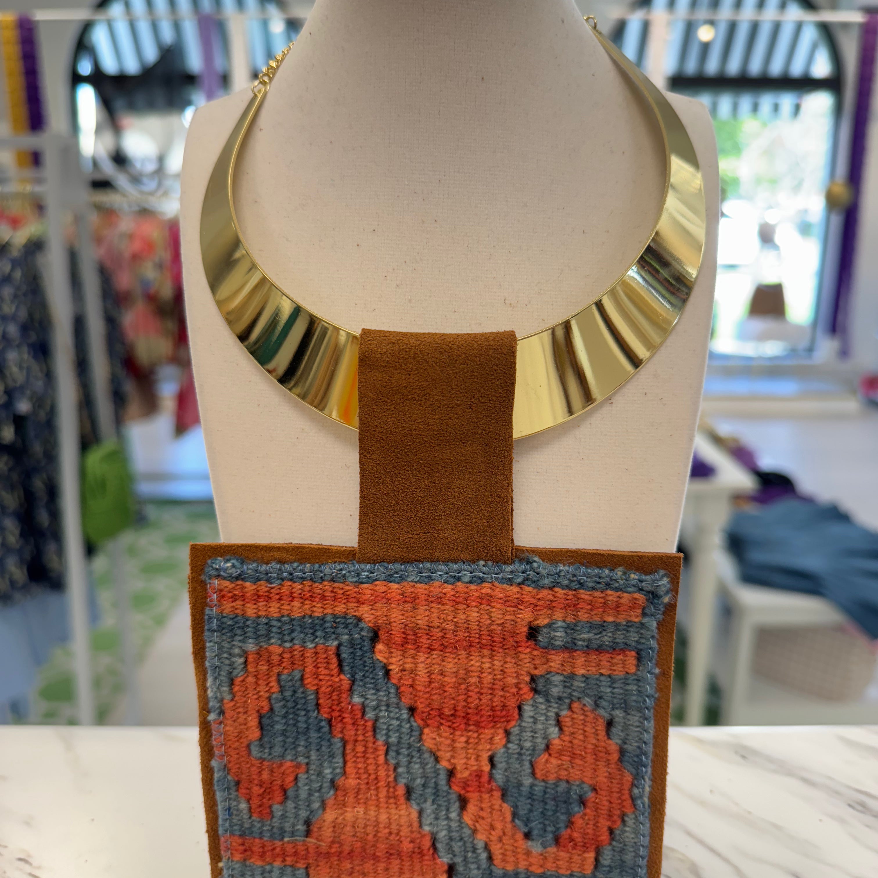 ORIJINAL Shiny Brass Pendant Necklace - Orange, Blue Patch