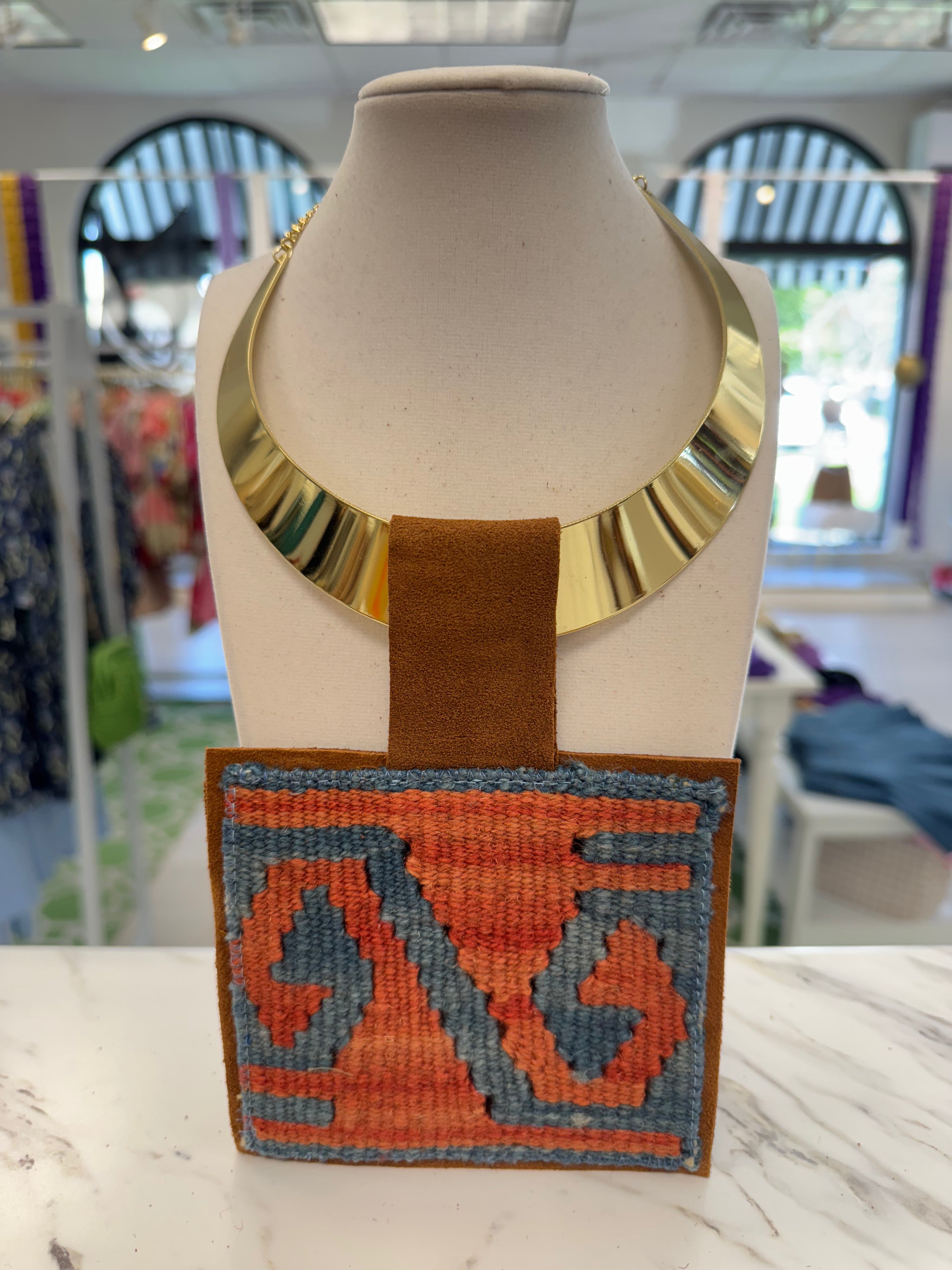 ORIJINAL Shiny Brass Pendant Necklace - Orange, Blue Patch