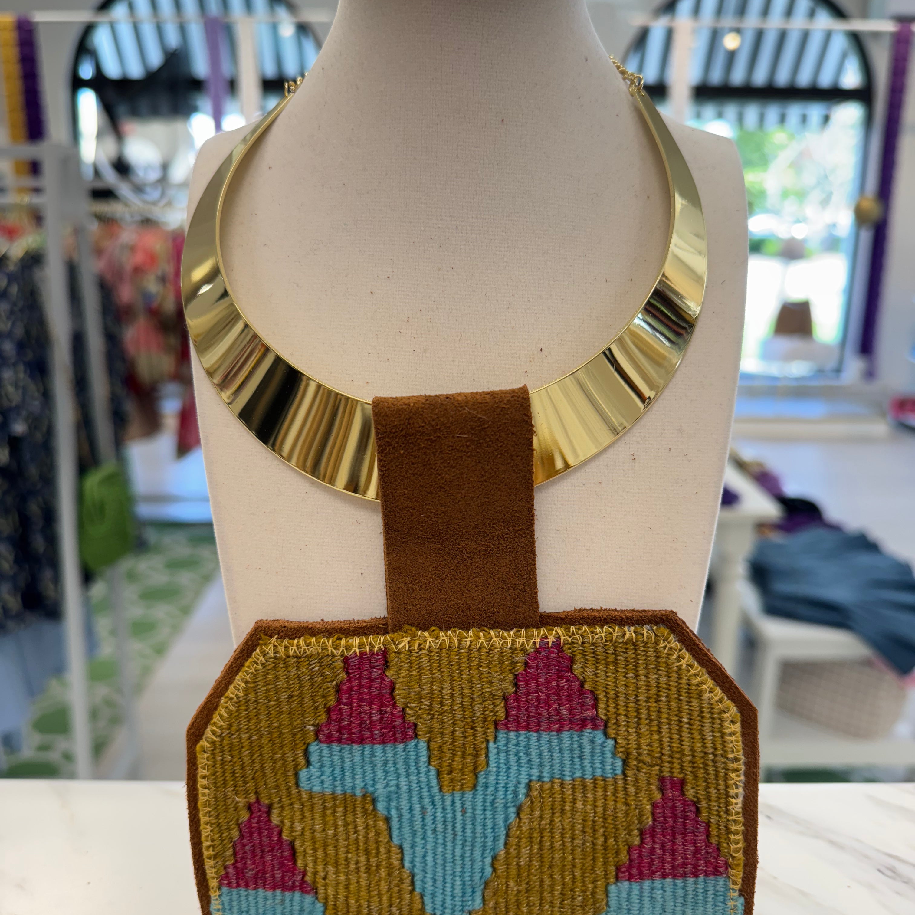 ORIJINAL Shiny Brass Pendant Necklace - Yellow, Blue, Pink Patch