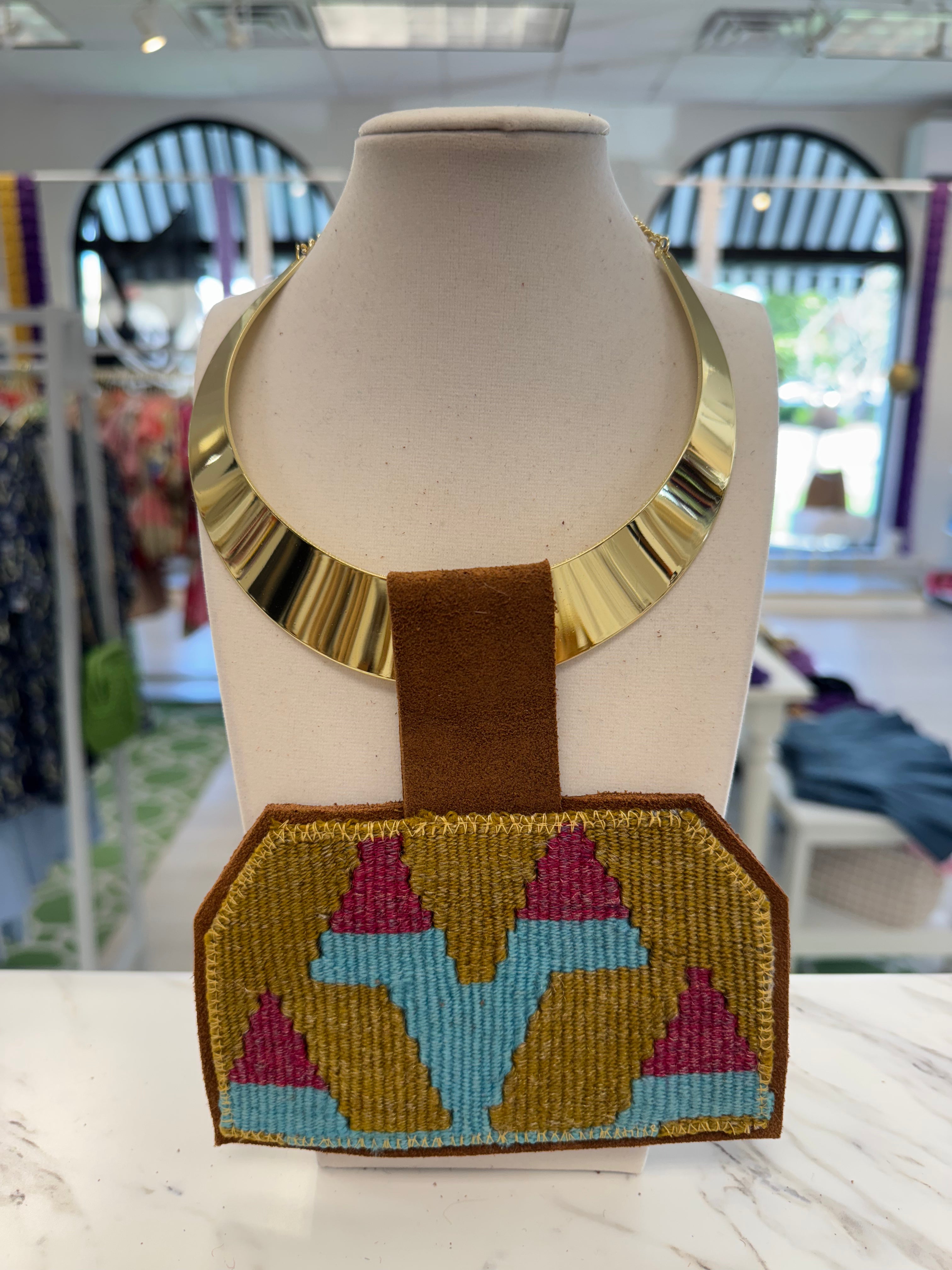 ORIJINAL Shiny Brass Pendant Necklace - Yellow, Blue, Pink Patch