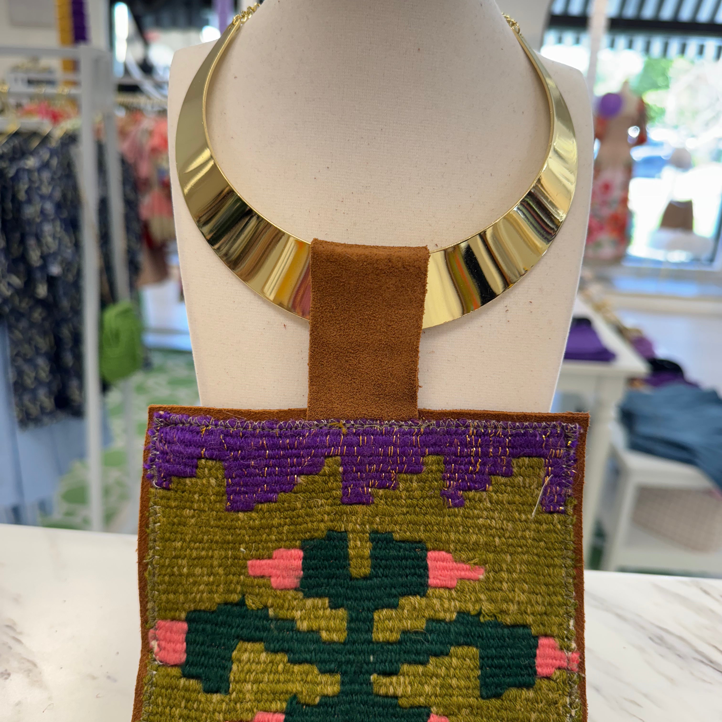 ORIJINAL Shiny Brass Pendant Necklace - Purple, Green, Pink Patch
