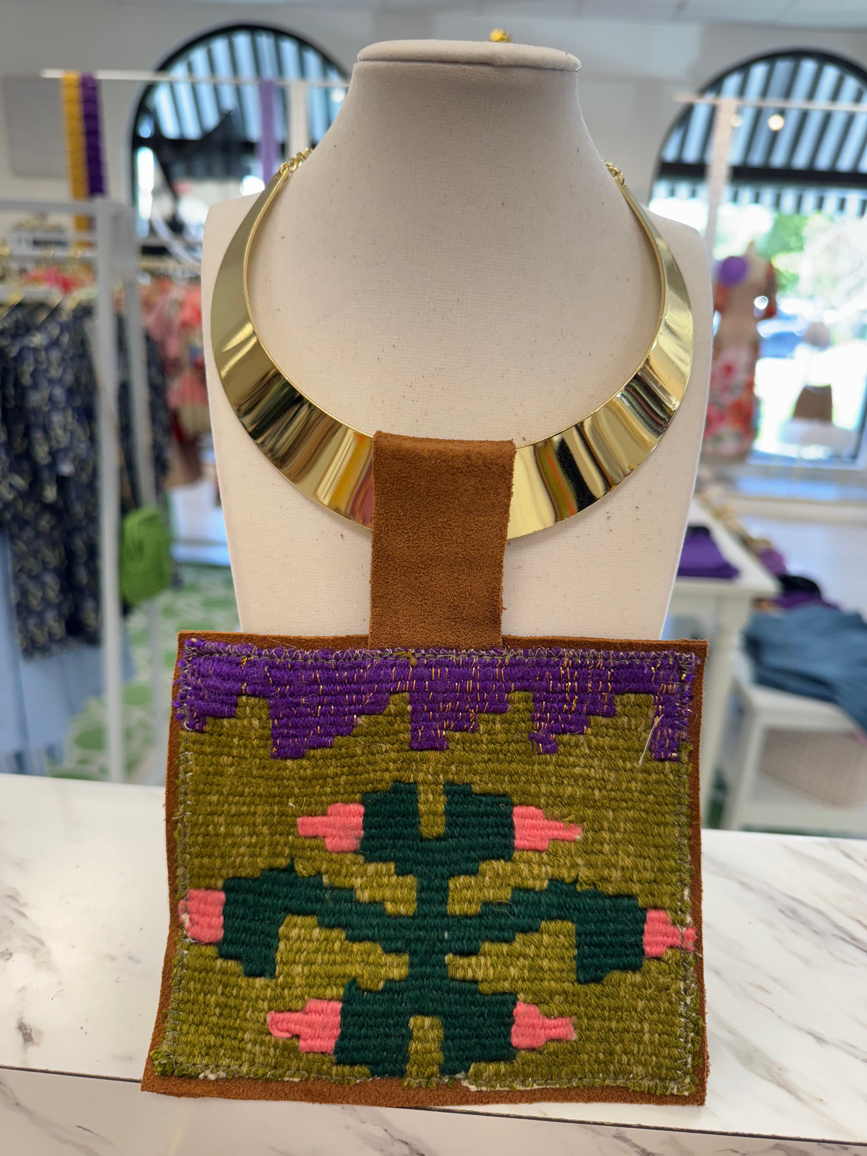 ORIJINAL Shiny Brass Pendant Necklace - Purple, Green, Pink Patch