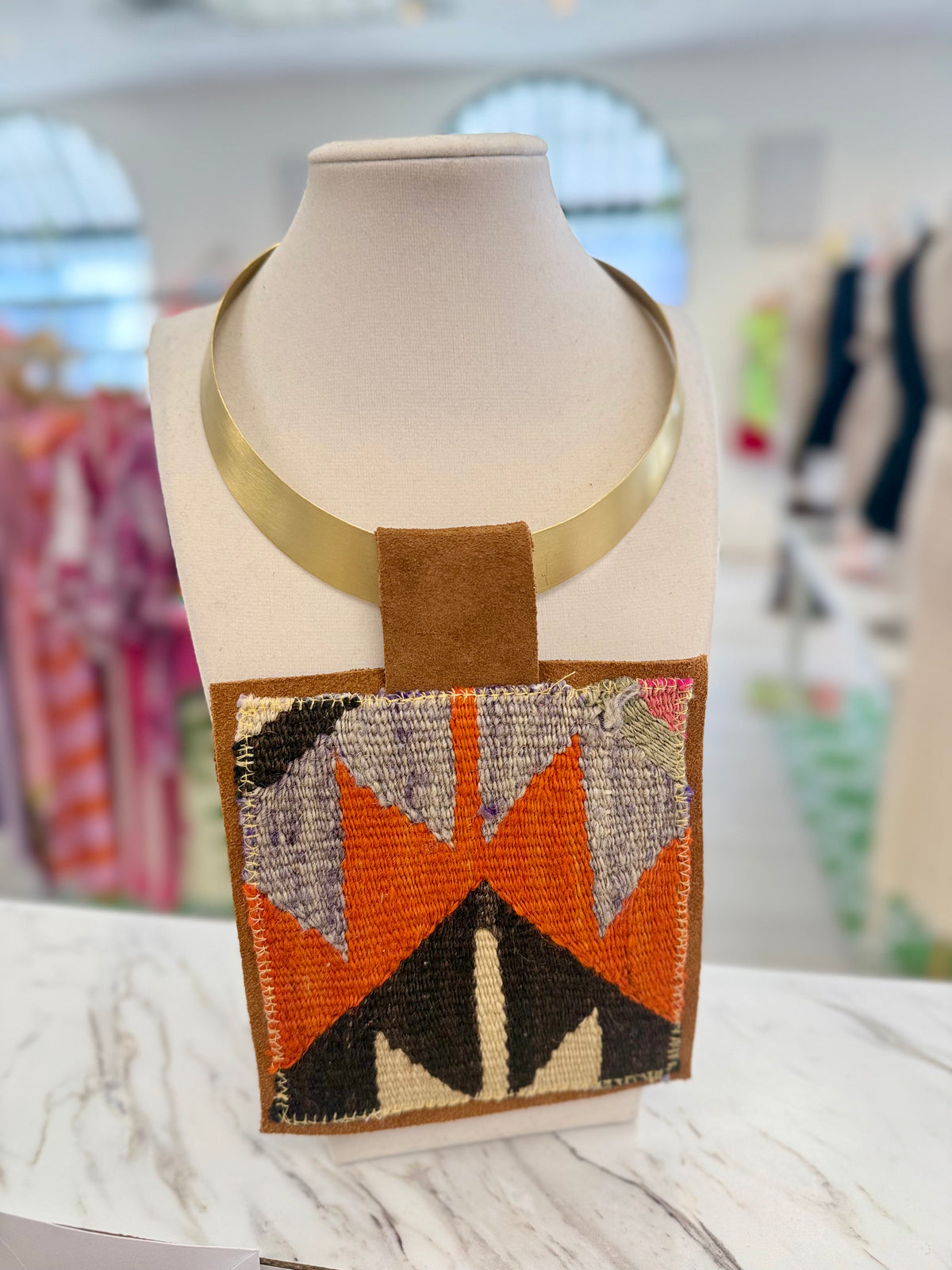 ORIJINAL Brass Pendant Necklace - Orange/Brown Patch