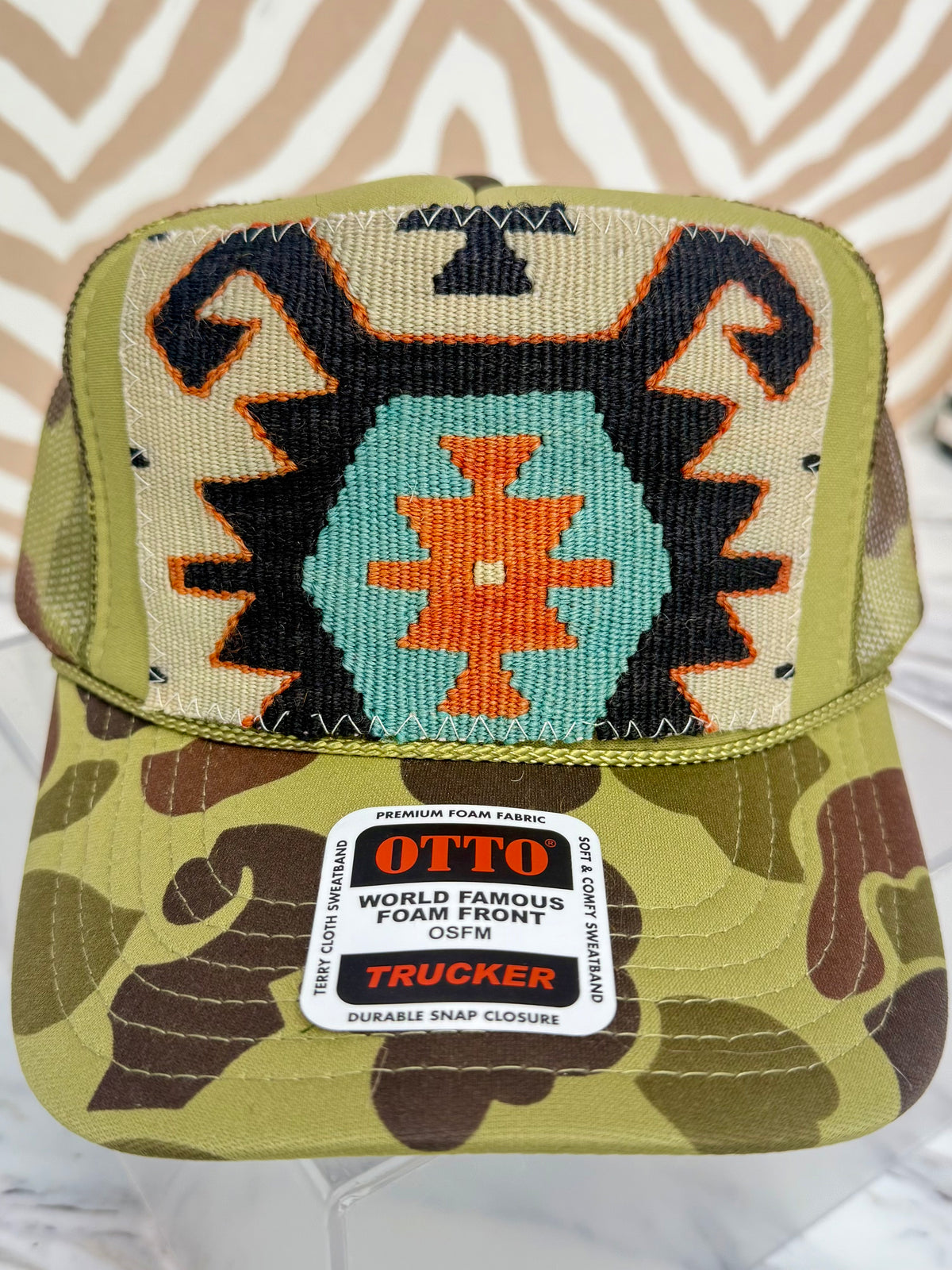 ORIJINAL Trucker Hat in Camo - Teal, Orange, Black Patch