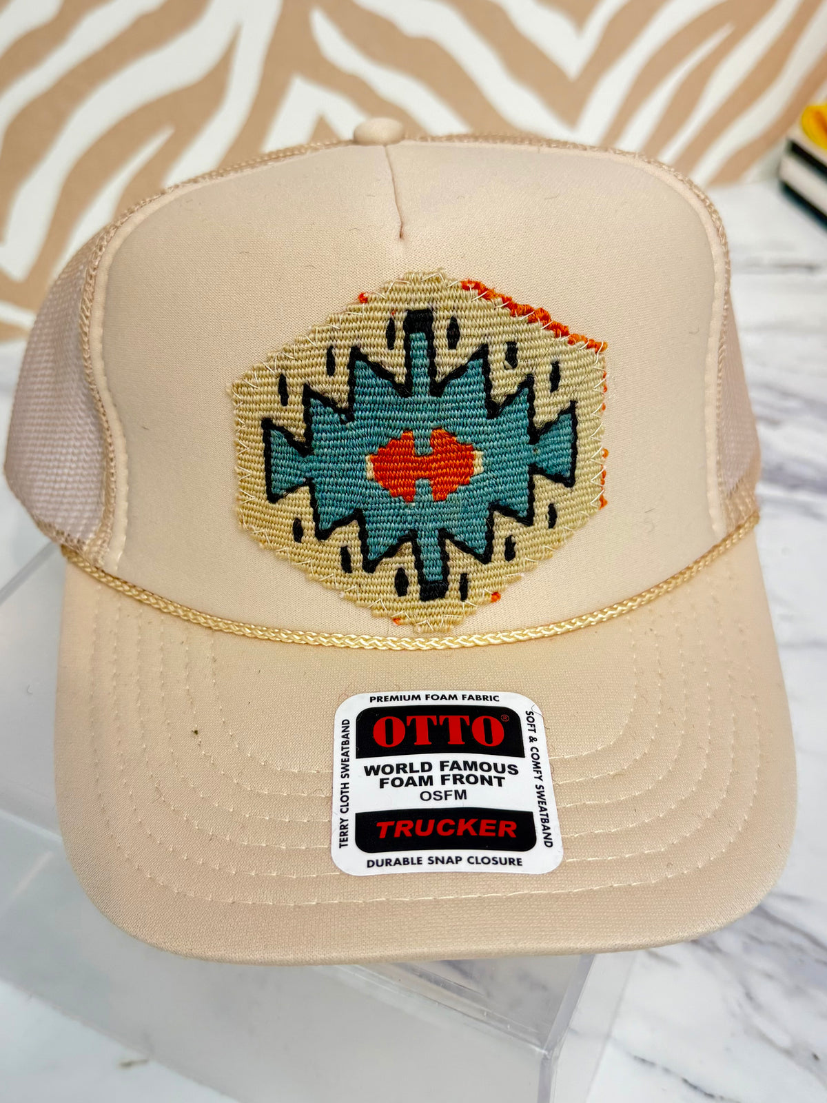 ORIJINAL Trucker Hat in Tan - Beige, Dusty Blue, Burnt Orange Patch