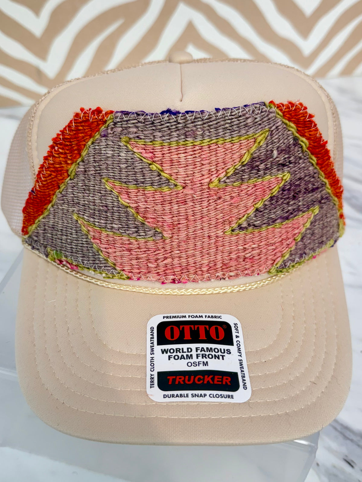 ORIJINAL Trucker Hat in Tan - Pink, Lilac, Orange Patch
