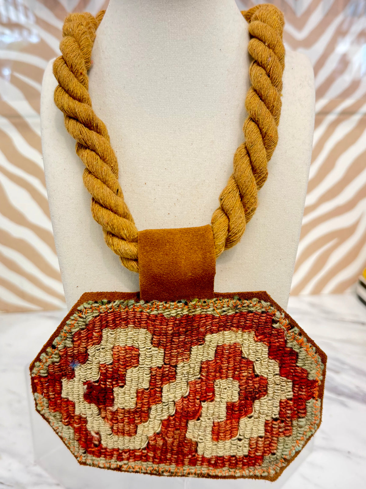 ORIJINAL Dark Rope Pendant Necklace -  Red, Tan, Olive Patch