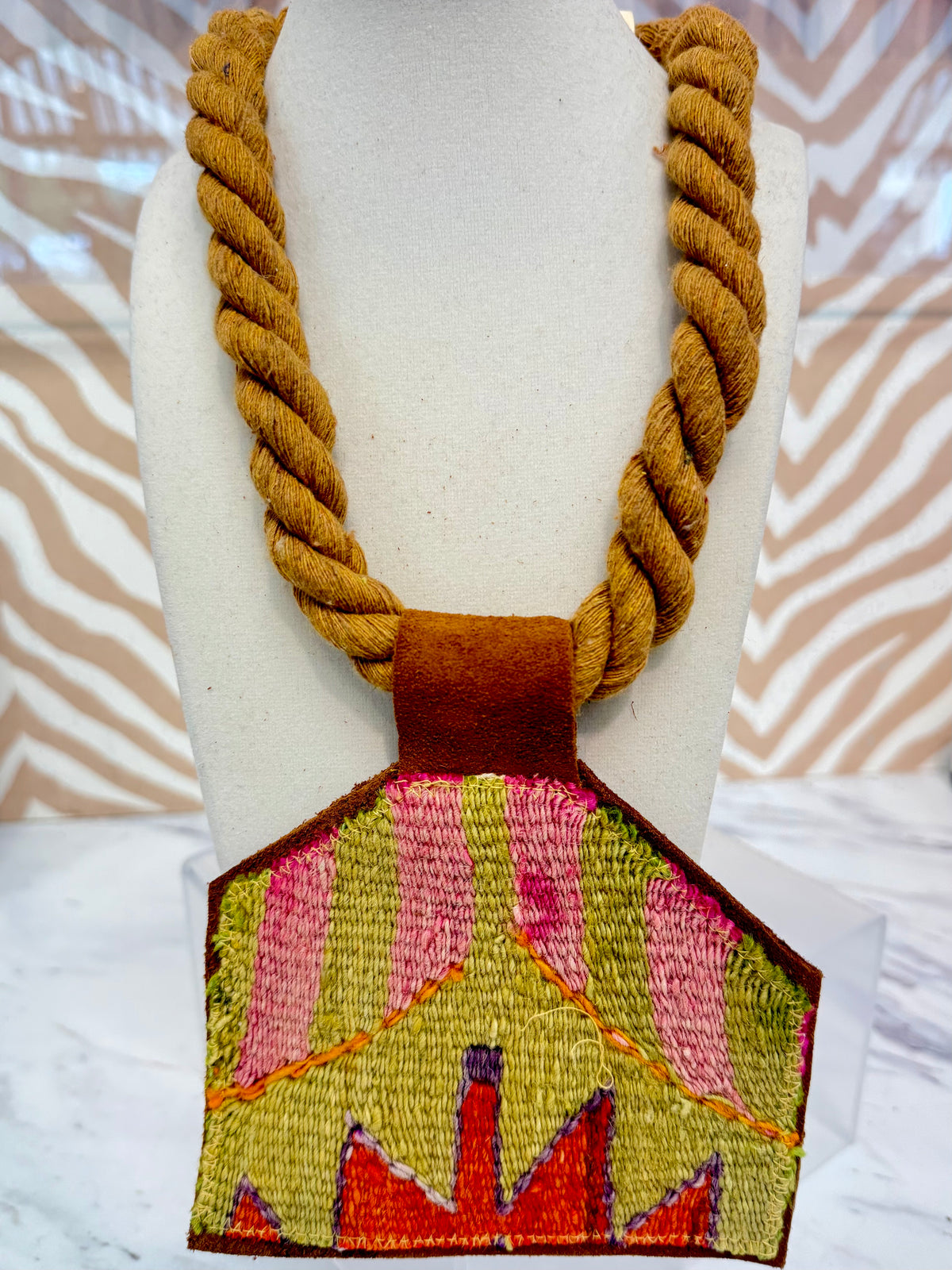 ORIJINAL Dark Rope Pendant Necklace - Sage, Pink, Orange Patch