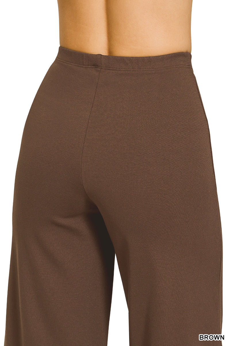 Ponte Elastic Waistband Pintuck Pants in Brown