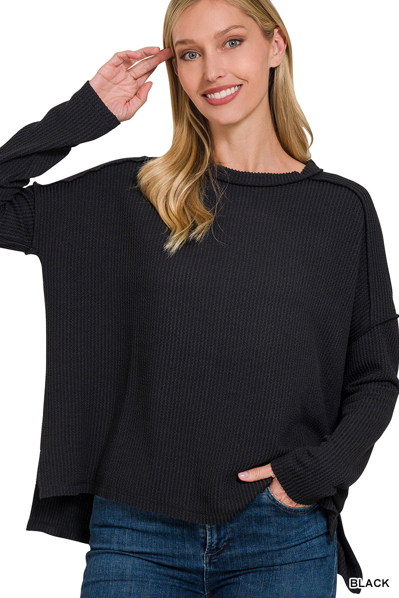 Raised Rib Raw Hem Boat Neck Long Sleeve Top in Black
