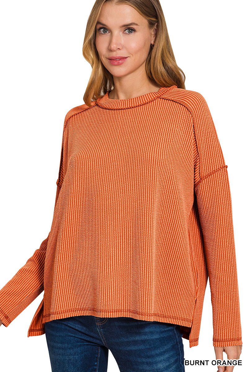 Raised Rib Raw Hem Boat Neck Long Sleeve Top in Burnt Orange